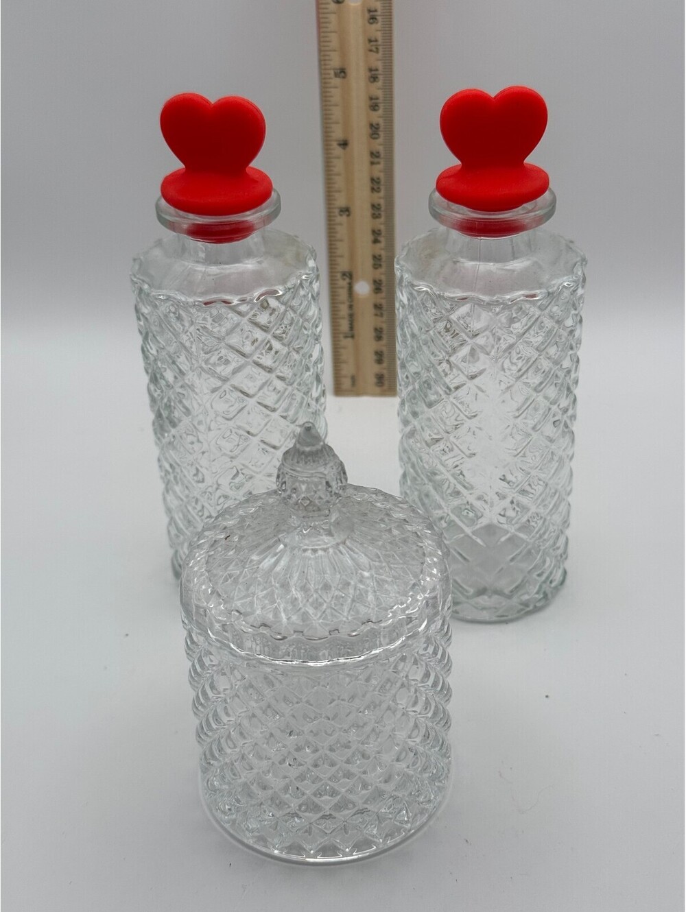 Vintage Pressed Glass Vanity Set 2 Bottles Heart Stoppers Covered Jar Diamond